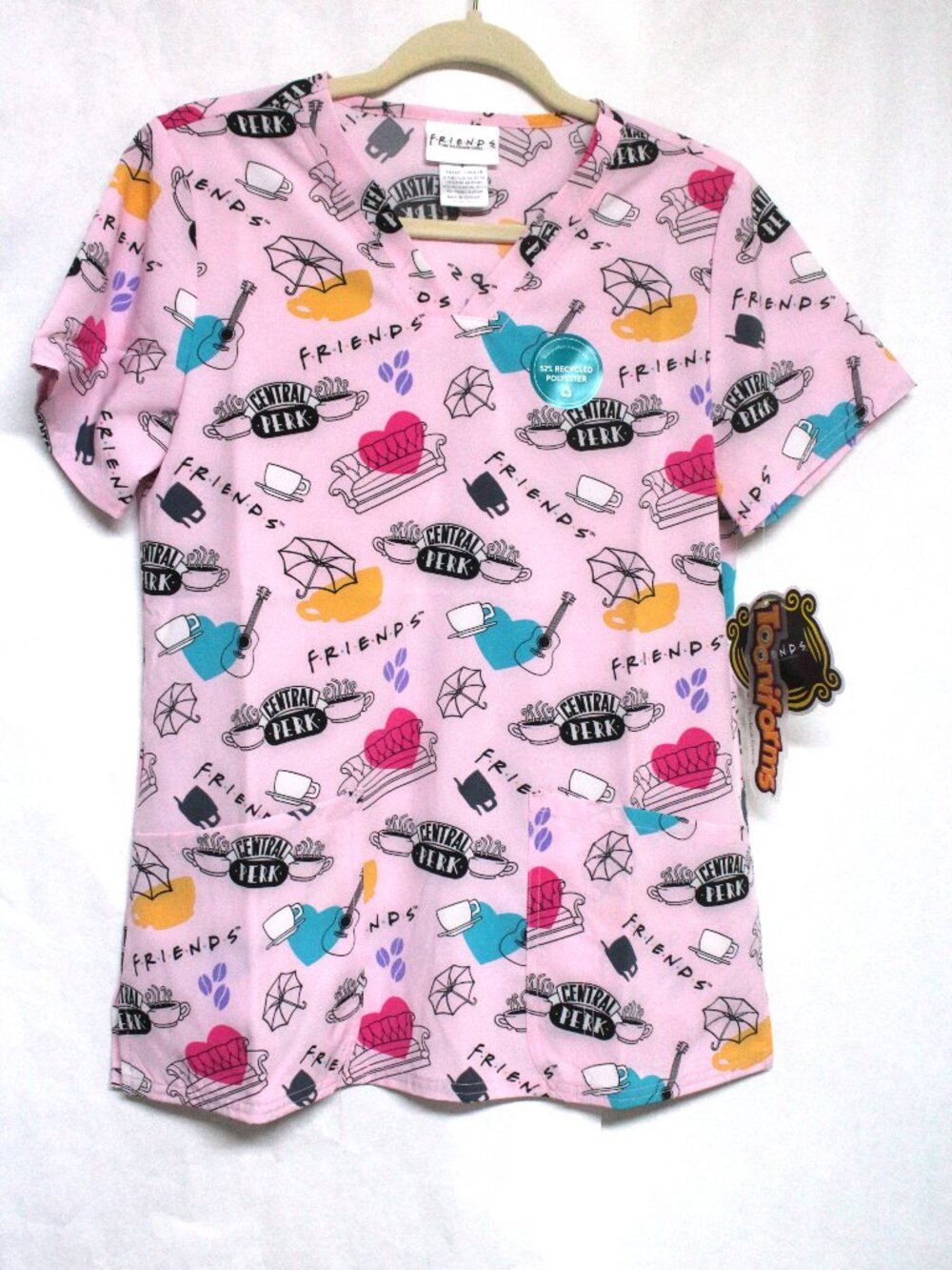 Women's Small NWT Tooniforms Friends Short Sleeve V Neck Scrub Top + Pockets